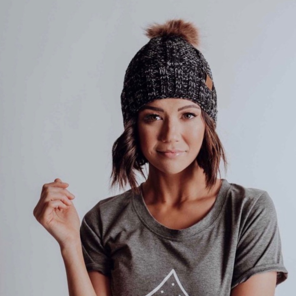 New Furry Cozy Knit Beanie in Heatherd Black